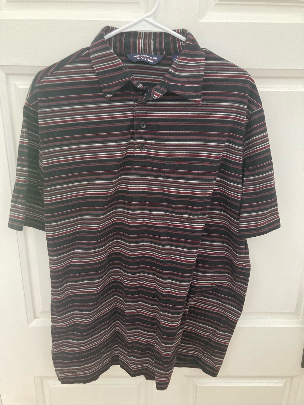 Roundtree & Yorke Men's Black Polo with Red and Gray Stripe Pattern